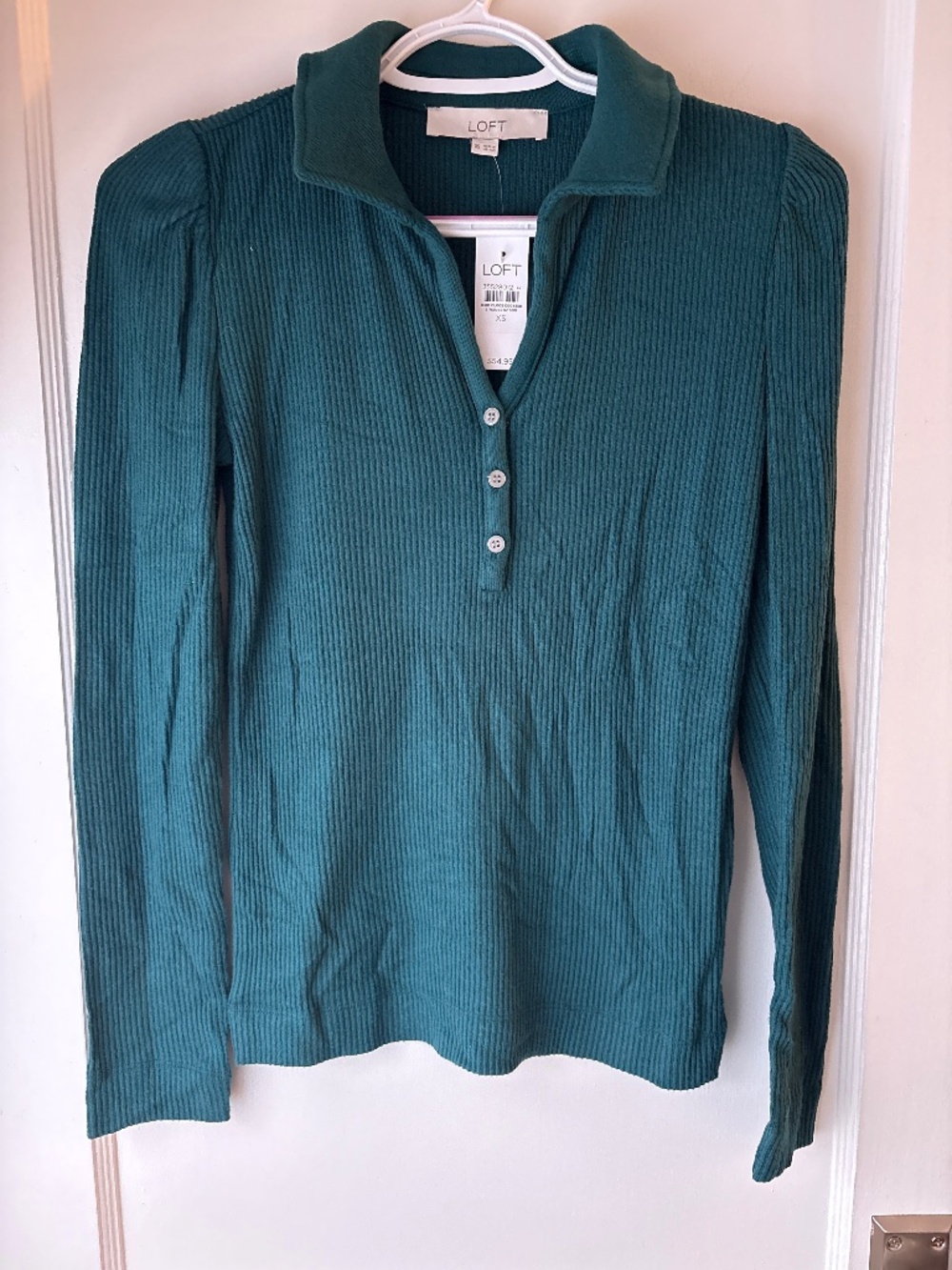 Loft Ribbed Collar Long Sleeve Top, Teal, Sz XS, NWT